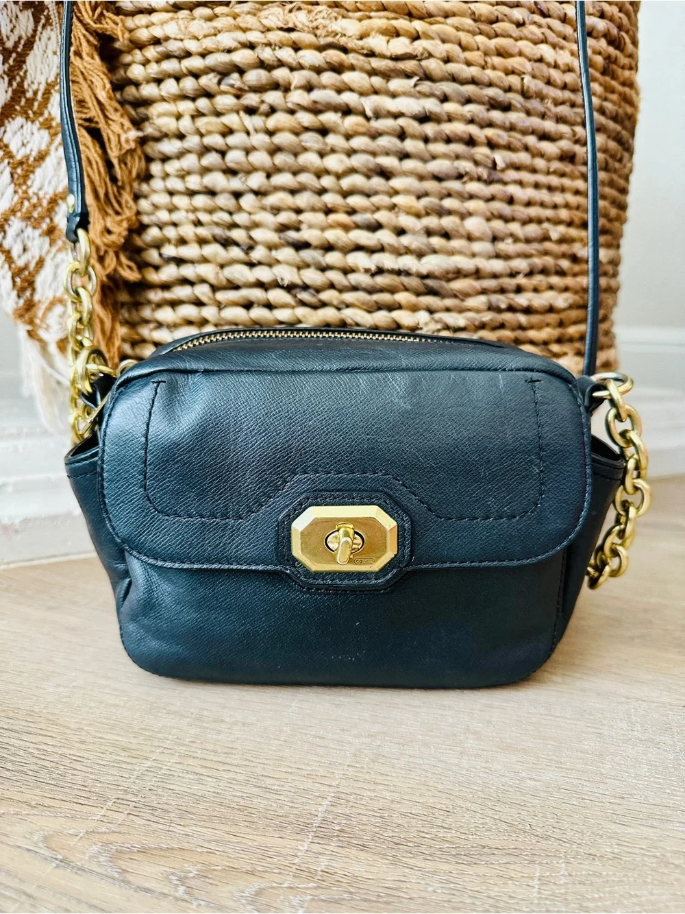 Coach Black Campbell Crossbody Leathet Camera Bag with Gold Turn-Lock Hardware